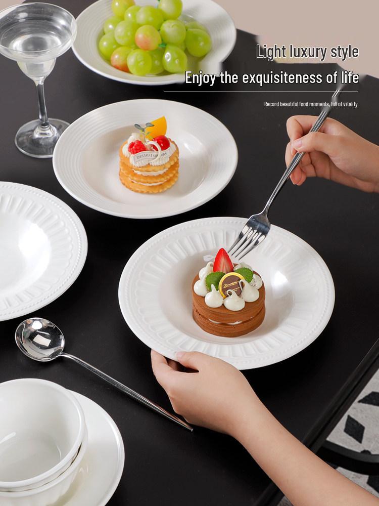 French White Embossed Ceramic Plate Set - Creative Pumpkin Soup & Breakfast Plates