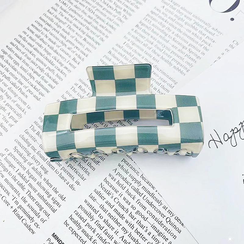 Neu eingetroffen: Modische, 8 cm große, rechteckige Haarspange mit Karomuster aus Acryl für dickes Haar – Haifisch-Haarspange