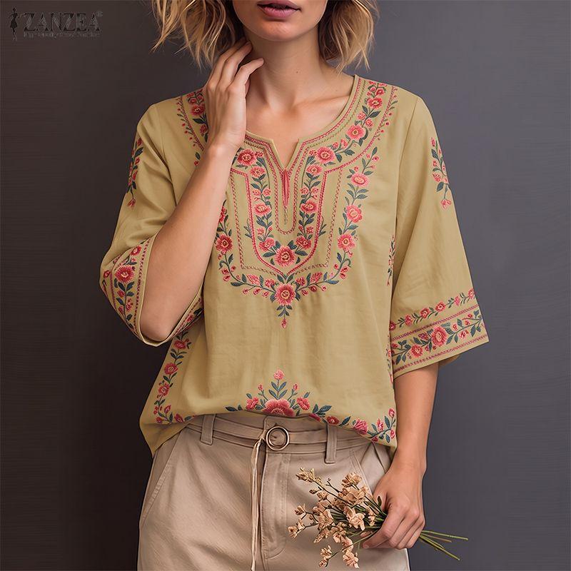 ZANZEA Women Casual Round Neck Ethnic Print Loose Half Sleeve Blouse