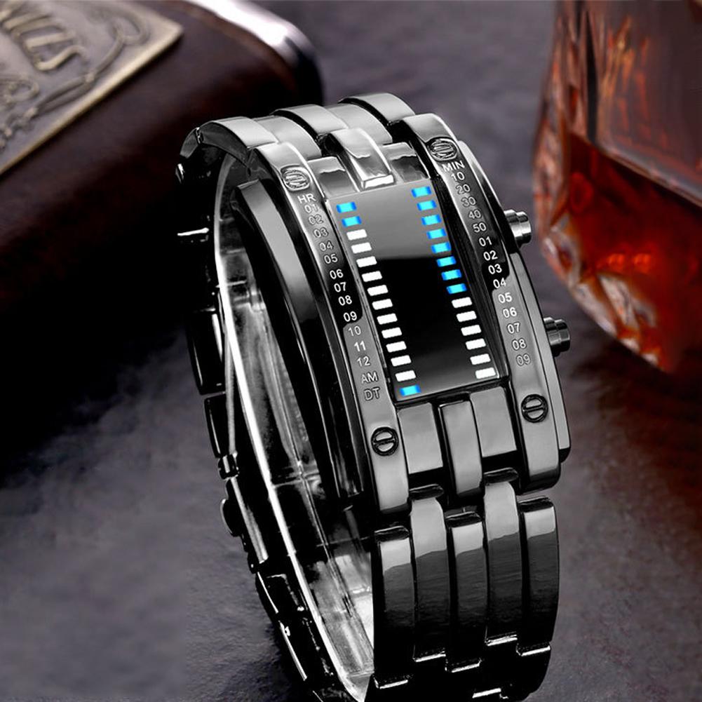 Wasserdichte Vergoldete Uhr Luxus Edelstahl Binär Leuchtende LED Elektronische Anzeige Uhren