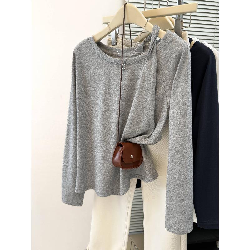 

Реальное фото пикантная футболка с косым плечом, открывающая плечо, с длинным рукавом, женская осенняя свободная хлопковая верхняя одежда, базовая футболка 2XL серый