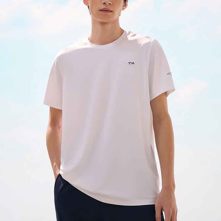 Anta Running Series Letter Round Neck Fitness Knitted Sports Short Sleeve T-Shirt Men Tops Pure-White 952425105-1