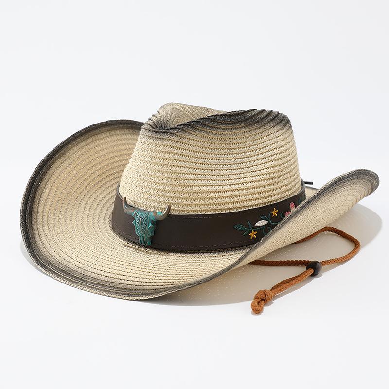 Embroidered cow head belt western cowboy hat new summer outdoor leisure sunscreen sunshade mountaineering straw hat
