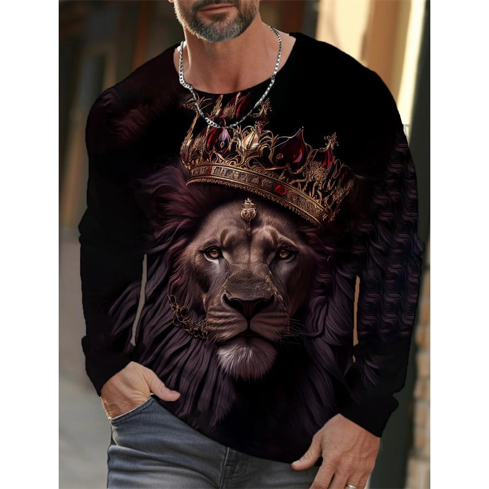 Lion 3D Digital Printed Men's Fashion Trend Round Neck Long Sleeved T-shirt