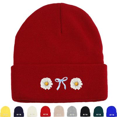 Daisy Print Knit Cap Beanie, Flower Man Cap Cancer Chemo Thermal Unisex Bonnet Knitted Hat Beanie