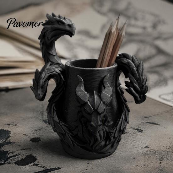 Detailed Relief Ornament Three-Headed Dragon Pen Holder, 3D Printed Fantasy Desk Organizer, Creative Birthday Gifts for Boys Realistic Scale