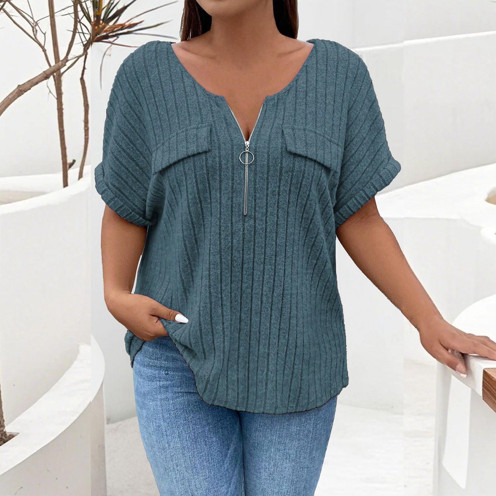 

Женская свободная однотонная футболка большого размера с коротким рукавом и ложным карманом XXL синий