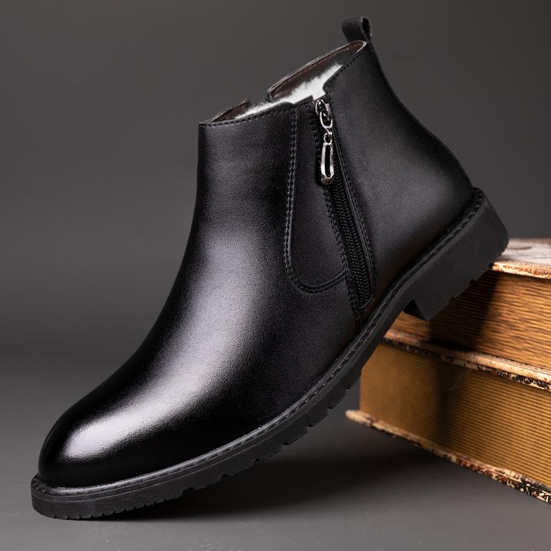 Men's Boots Fashion Cow Leather High-top Boot Classic Business Ankle Boots Winter Plush Warm Cotton Shoes Winter Men Dress Boots