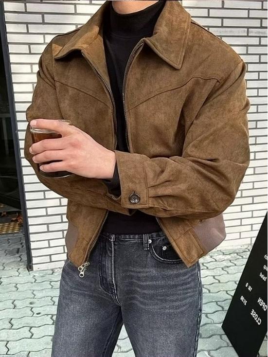 Retro British Velour Faux Suede Jacket - Solid Lapel, Frosted Finish, Autumn/Winter Trend