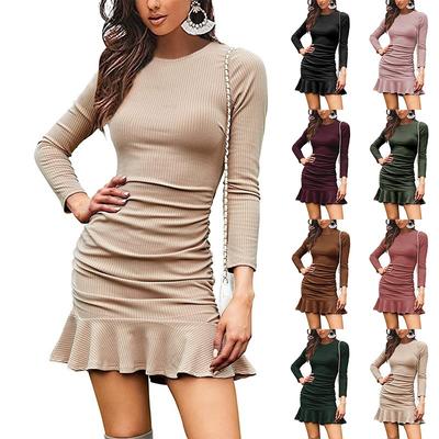 Spring Summer Women's Sexy Skirt Knitted Long Sleeve Pleated Sheath Dress