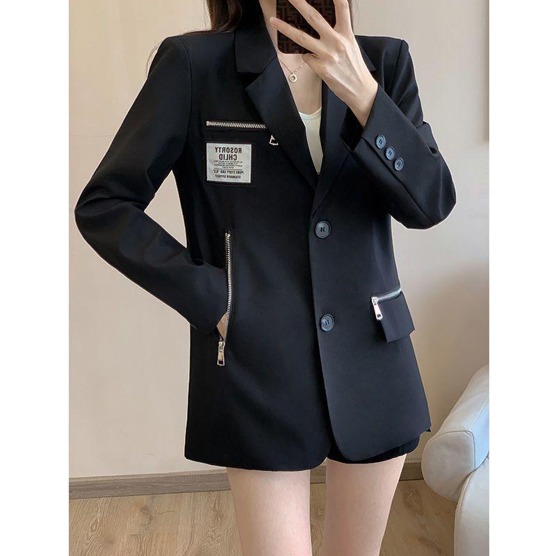 Fashion Black Versatile Loose Style Blazer with Zipper Pocket for Women