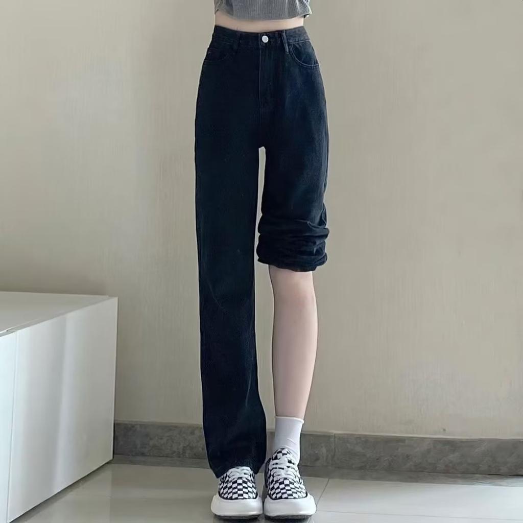 Black high-waisted straight jeans women's spring clothes new thin small drape wide legs mopping long pants
