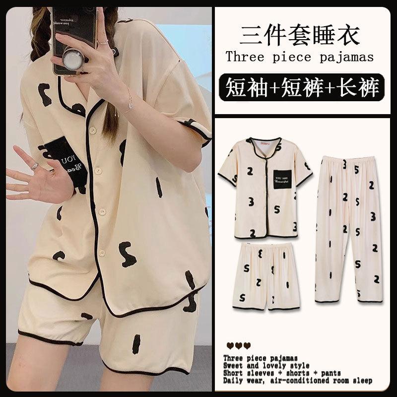 Mikko summer three-piece pajamas women's pure cotton short-sleeved trousers ins Japanese summer spring and autumn loungewear set