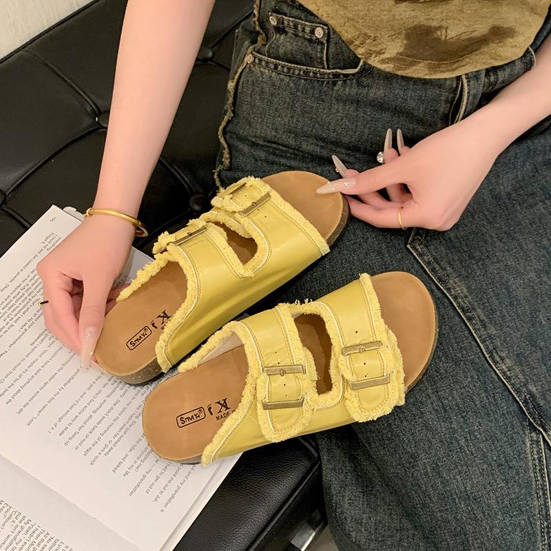 

Denim slippers women s summer wear new beautiful temperament thick-bottomed beach sandals 35 бежевий