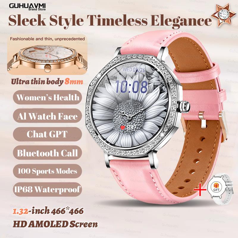New Luxury Diamond Smart Watch For Women 8mm Ultra Thin Body Bluetooth Call Heart Rate IP68 Waterproof Smartwatch Rose Gold