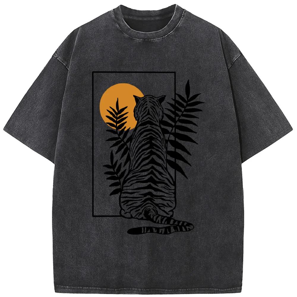 Men's Geometric Tiger Short-Sleeved Shirt  High-Quality Washed Old Tshirt Vintage Colored Mens T-shirts