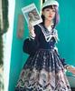 Milky Time Classic Lolita Dress, Long Sleeves, Cat Design, Sailor Collar, Navy, Cosplay Costume, Women's, Medium (Navy, M)