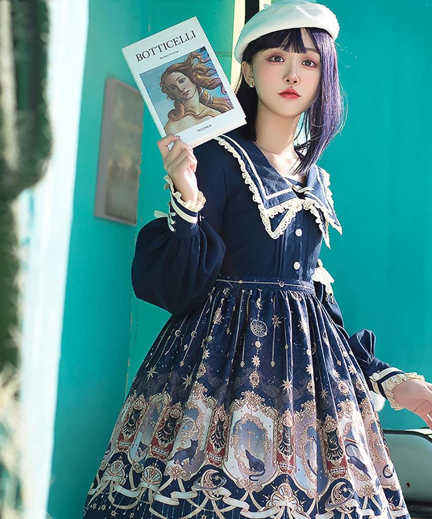 Milky Time Classic Lolita Dress, Long Sleeves, Cat Design, Sailor Collar, Navy, Cosplay Costume, Women's, Medium (Navy, M)