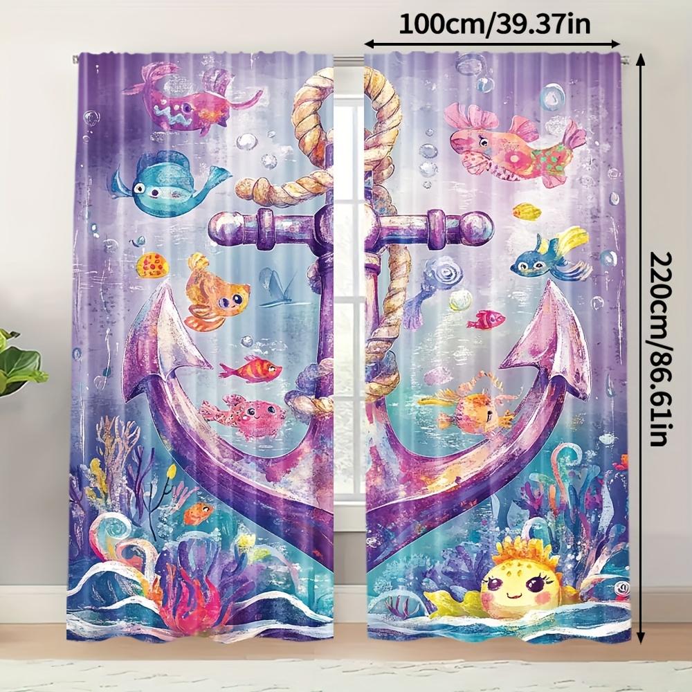 2pcs Vibrant Marine Life Curtains - Colorful Underwater Scene with Anchors   Fish & Coral Reefs   100% Polyester   Minimalist Desig