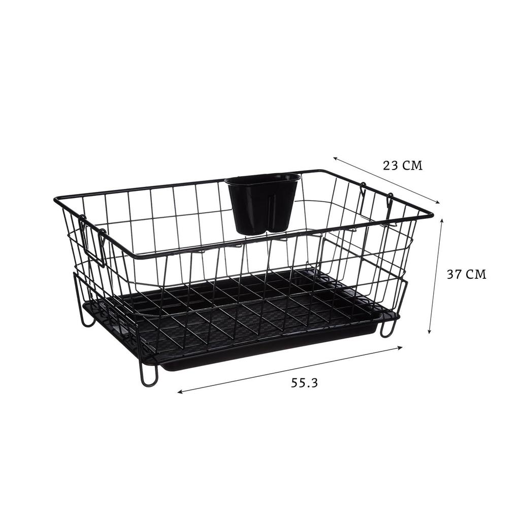 Stainless Steel Luxe Black Steel Dish Drainer with Drain Tray, Detachable Cutlery Stand | Bartan Plate Drying Basket Stand (Black), 55.3 X 37 X 23 Cm