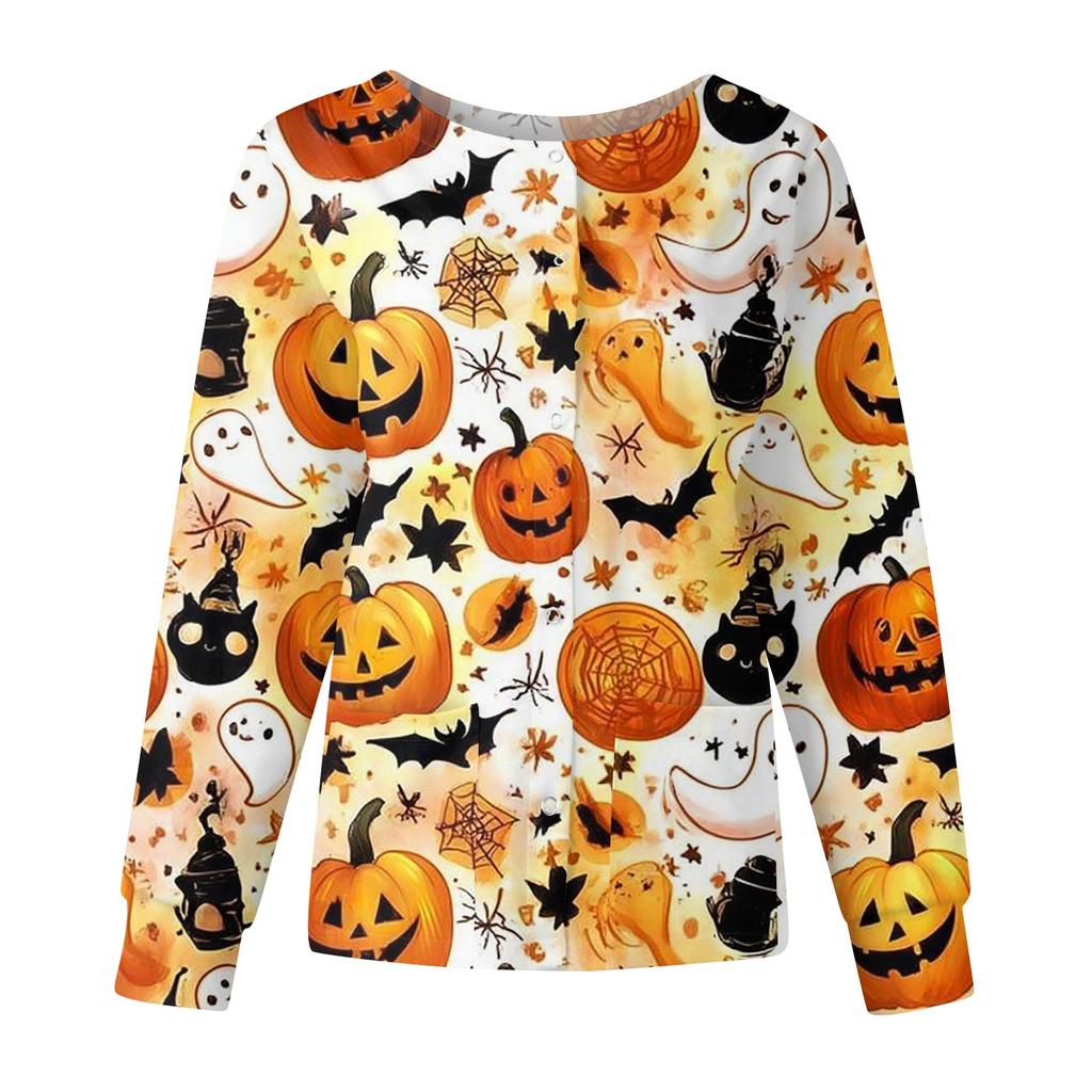 Women's Casual Fashion Long Sleeve Standing Collar Single Breasted Halloween Printed Workwear Jacket Tops