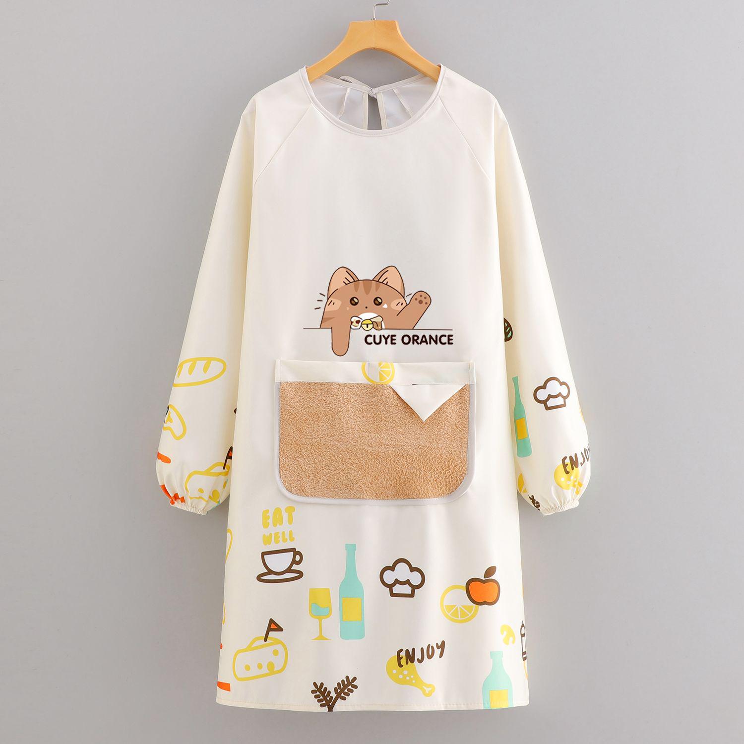 Young Pretty Waterproof Oil-Proof Long Sleeve Kitchen Apron - Stain-Resistant Work Wear Lucky Cat