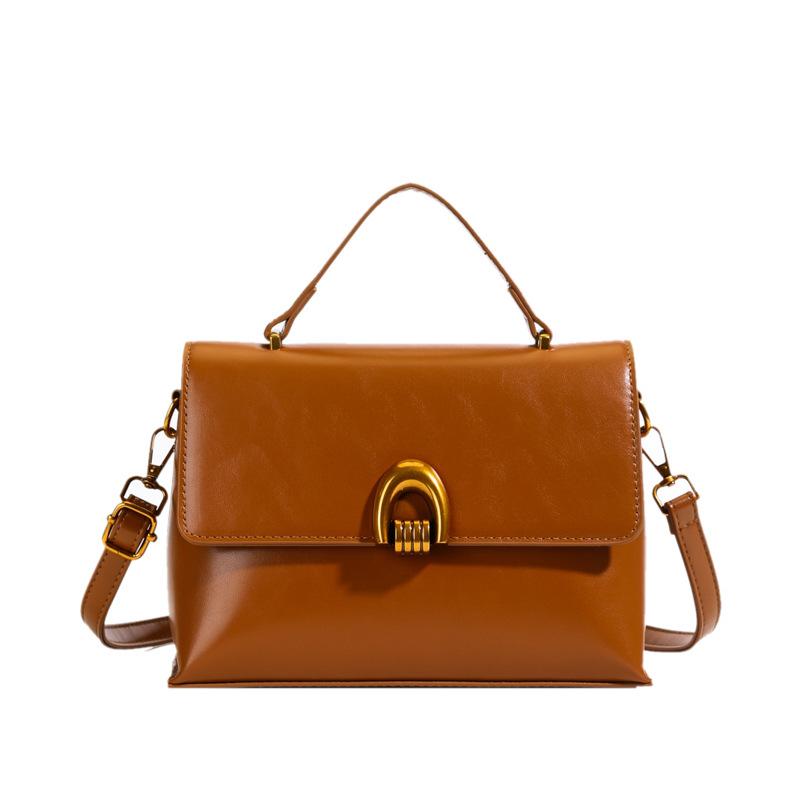 Autumn and winter new fashion oil wax leather small square bag simple lock handbag casual soft leather shoulder oblique span bag