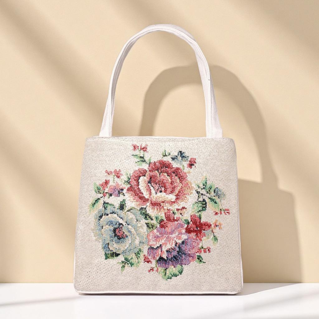 Panda Pattern Canvas Handheld Bag With Embroidery For Casual Day Use