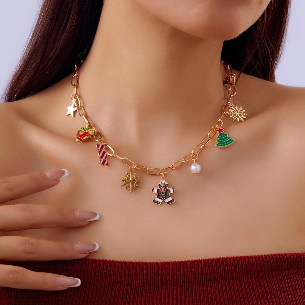 Christmas Gingerbread Xmas Tree Snowflake Candy Bell Pendant Necklace For Women Men Gift Box Reindeer Santa Claus Party Jewelry