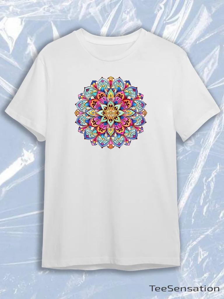 TeeSensation White Crew Neck Short Sleeve T-Shirt with Colorful Stained Glass Mandala Print