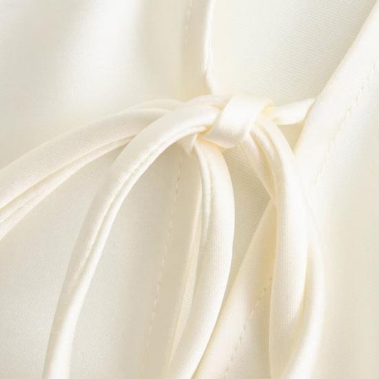 Women Shirt Lapel Long Sleeve Shirt with Lace-up Sexy Hollow Effect Silk Satin Textured Bow Detail Solid Color Shirt Tops