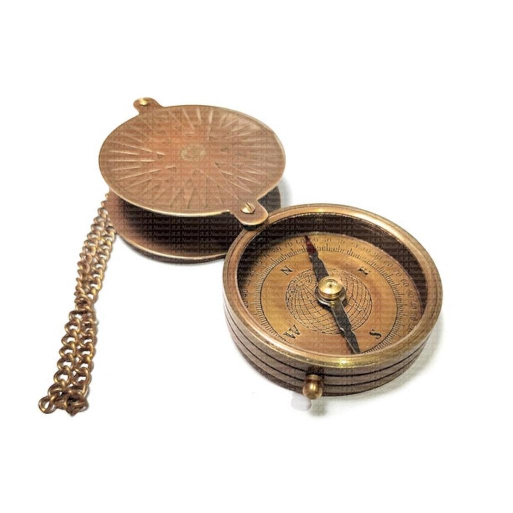 Antique Brass Pocket Compass Sliding with Wood Box, Anniversary Gifts For Men, Birthday Gift For Dad, Groomsmen Gift, Christmas Decor