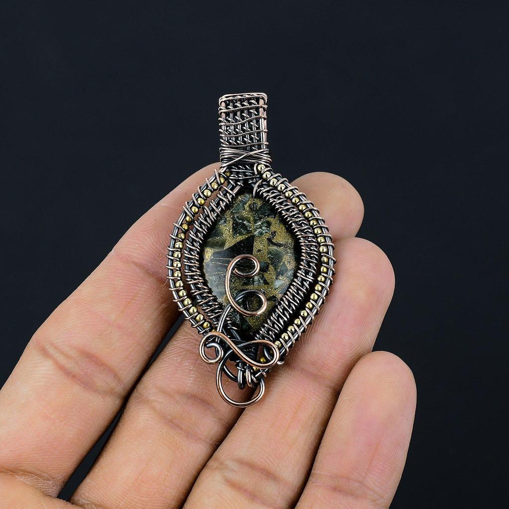 Copper Seraphinite Pendant, 999 Copper Wire Wrapped Gemstone Jewelry, Handmade Pendant, For Thanksgiving