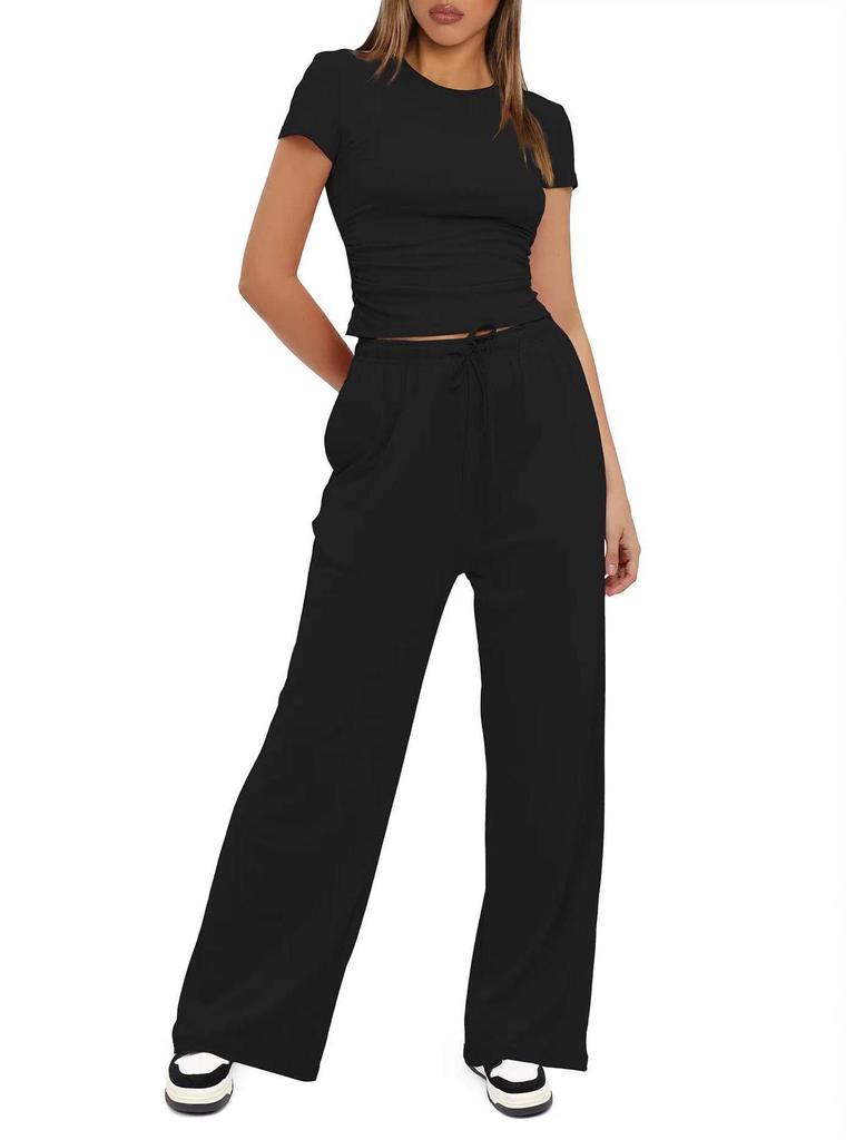 2026 European & American Women's Two-Piece Casual Set: Ruffled Short-Sleeve Top & Wide-Leg Pants