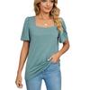 T-shirt d'été à manches courtes et col carré pour femme, couleur unie, ample
