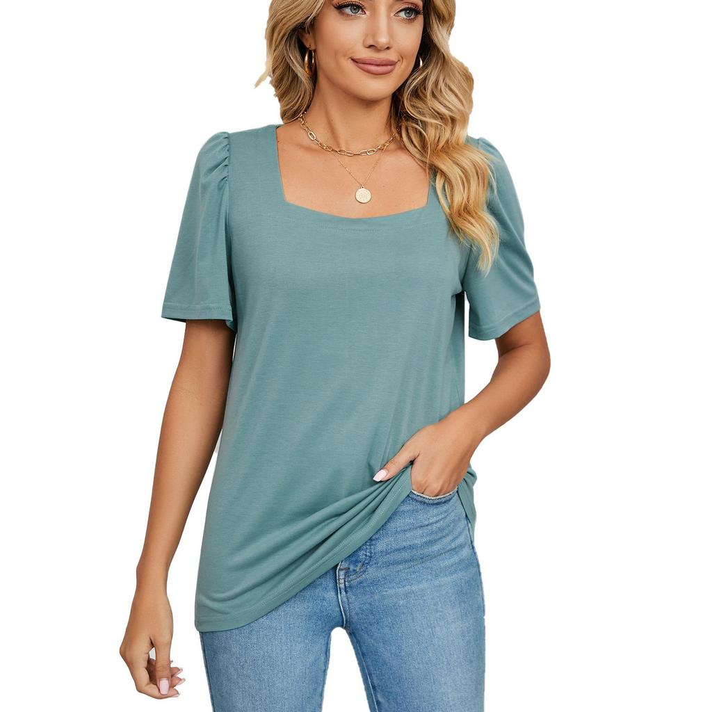 T-shirt d'été à manches courtes et col carré pour femme, couleur unie, ample