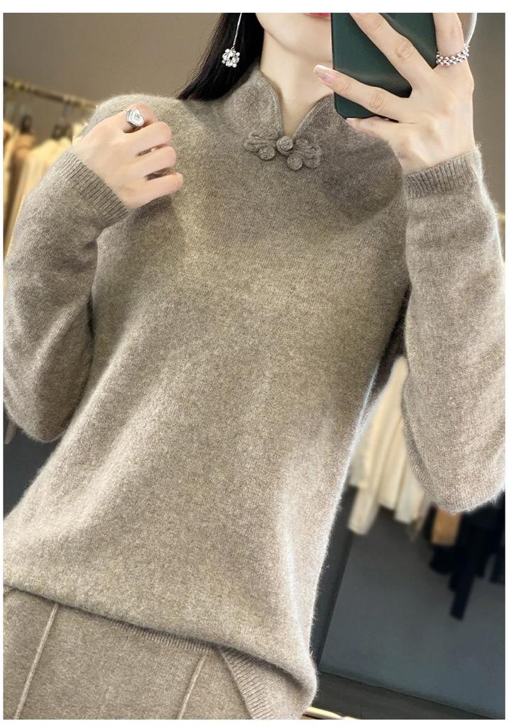 Women's 100% Wool Retro Stand Collar Sweater with Frog Buttons, Solid Color Knit, Autumn/Winter 2025 Collection