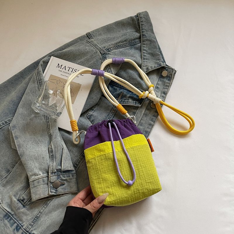

Summer Summer Fancy Drawstring Work Clothing Bucket Bags Female 2025 New Arrival Nylon Kettle Bag Crossbody Phone Bag Yellow with purple