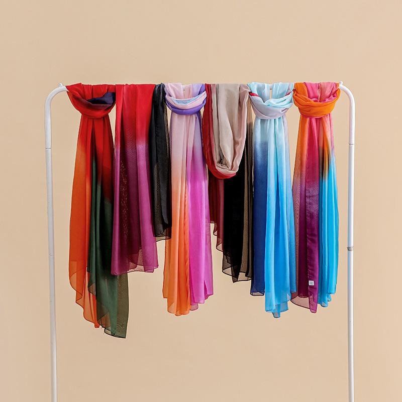 Larger Scarf for Women Spring New Multi-color Gradient Color Block Georgette Soft Hand Scarf Printed Thin Silk Scarf