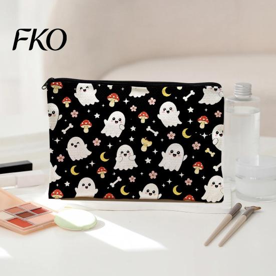 Non Fading Pattern Pouch Cosmetic Bag, Halloween Print Makeup Canvas Durable Data Cable Organizer Zipper Pouch, for Change Storage Anti Pilling Bag