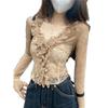 Chic French Ruffled Lace V-Neck Long-Sleeve Top - Slim Fit 2025 Spring/Summer