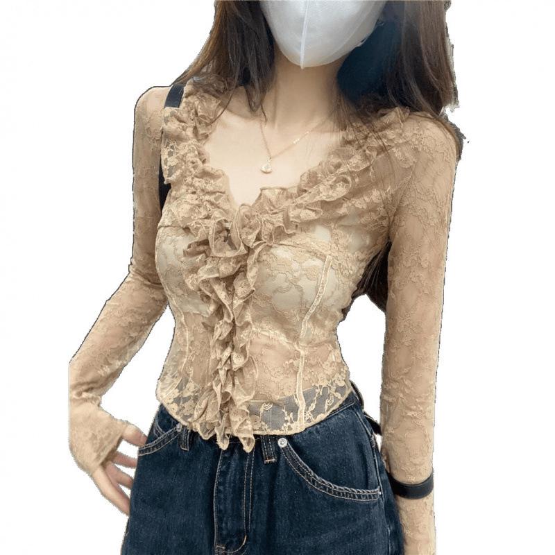 Chic French Ruffled Lace V-Neck Long-Sleeve Top - Slim Fit 2025 Spring/Summer