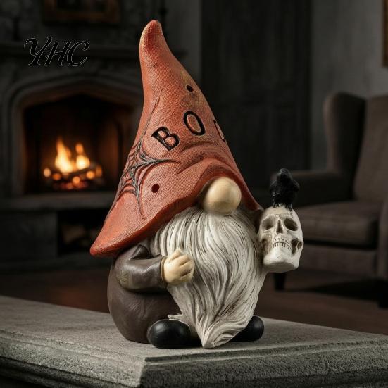 Skeleton Crow Figurine Set Halloween Gnome Statue, EEK BOO Resin Elf Dwarf with Pumpkin Cute Desk Accessories Skull, Spooky Tabletop Ornament