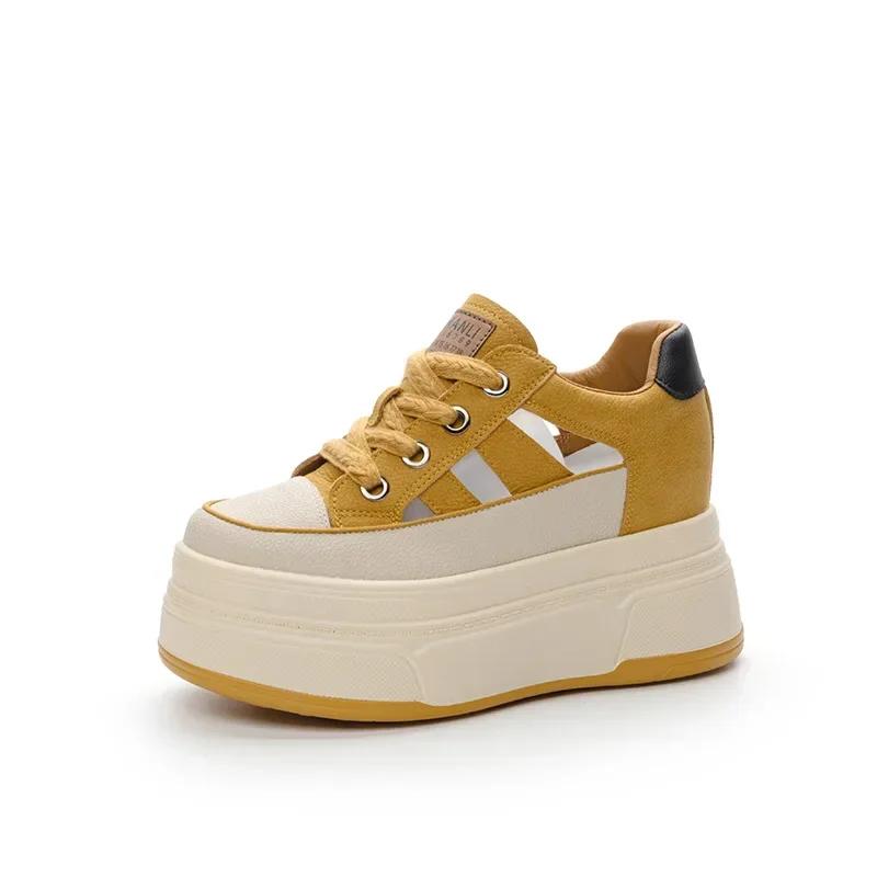 9cm Genuine Leather Platform Sneakers Wedge Shoes for Women Breathable Sneakers Autumn Casual Shoes Hidden Heel Zapatillas Mujer