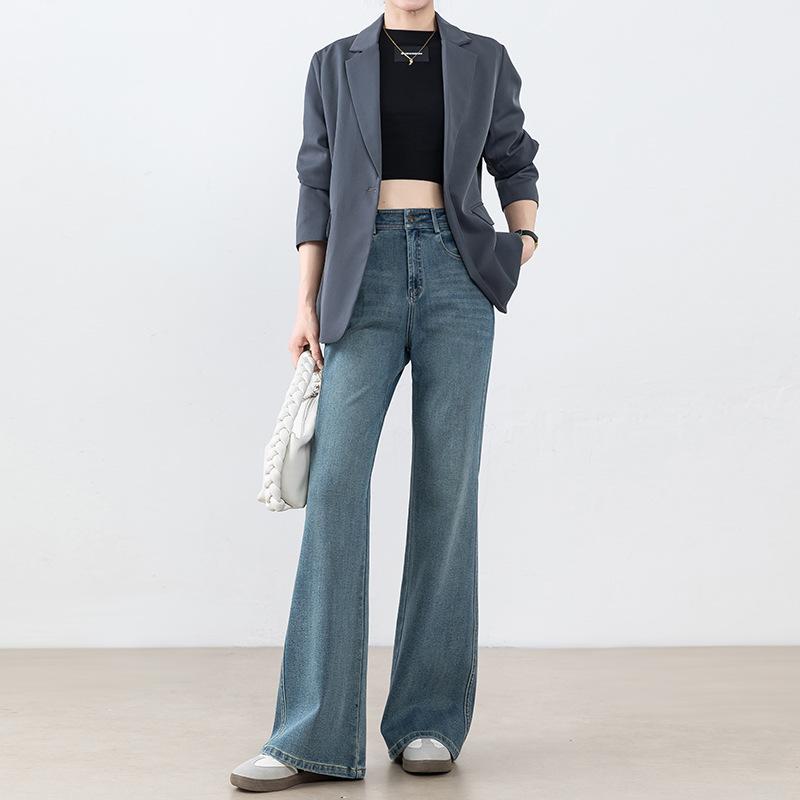 Non-stick legs straight tube slightly pulled jeans women's spring thin flared pants high waist Tencel four-sided elastic floor pants