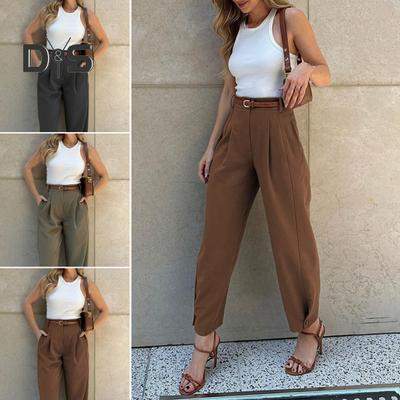 Women Suit Pants High Waist Buttons Zipper Fly Loose-Fit Solid Color Trousers with Pockets Commuting Style Long Pants