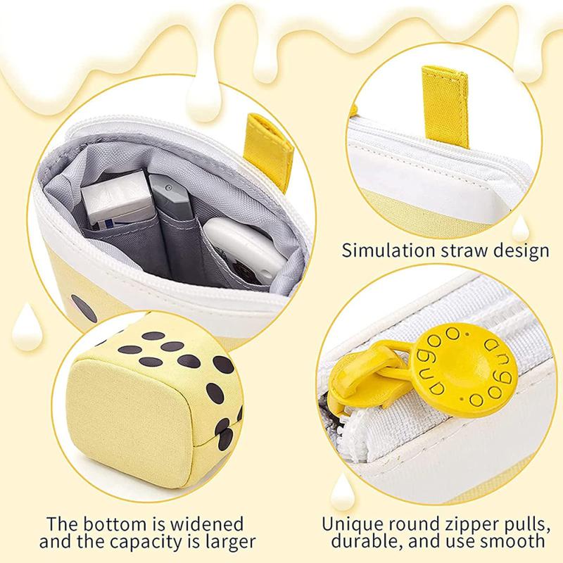 Pencil Case With Stand Cute Milk Tea Cup Shape Pen Storage Bag Standable Retractable Round Cartoon