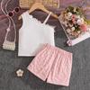 2026 Spring/Summer Girls' Asymmetrical Shoulder Camisole and Sweet Jacquard Bow Skort Set