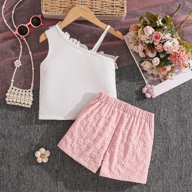 2026 Spring/Summer Girls' Asymmetrical Shoulder Camisole and Sweet Jacquard Bow Skort Set