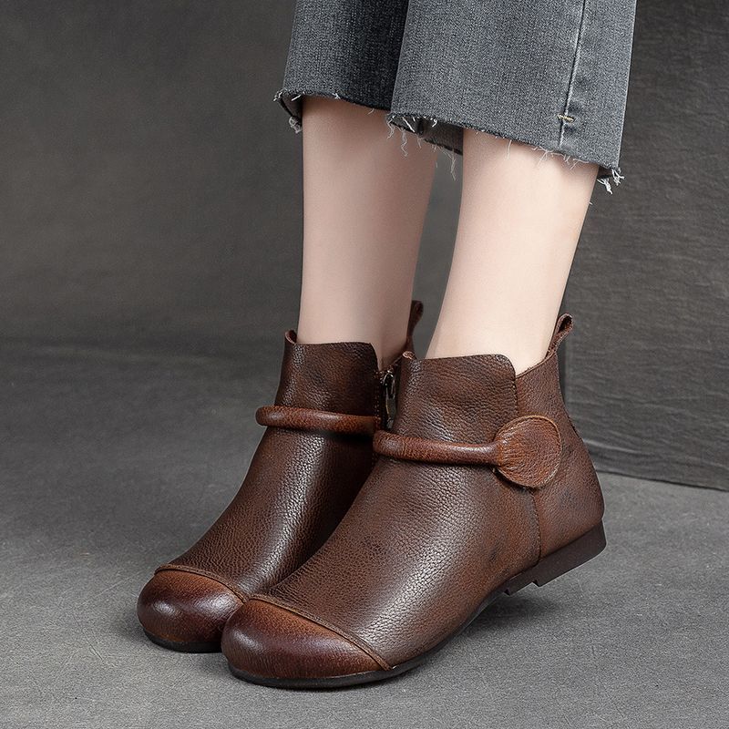 Autumn and Winter New Real Soft Leather Retro Style Female Mother Shoes Beef Tendon Soft Sole Round Head Versatile Short Boots Handmade Single Boots